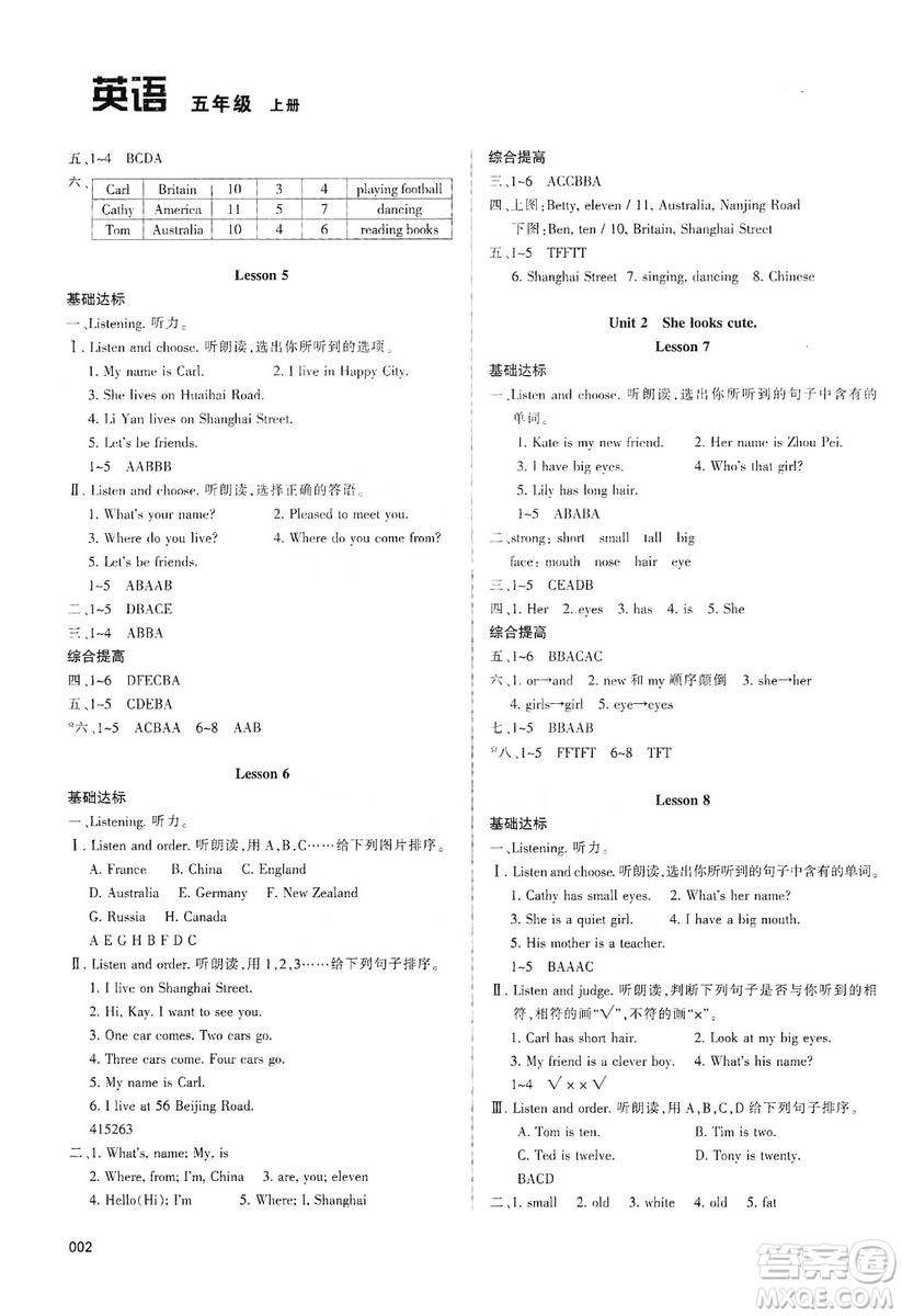 天津教育出版社2019學(xué)習(xí)質(zhì)量監(jiān)測(cè)五年級(jí)英語(yǔ)上冊(cè)人教版答案