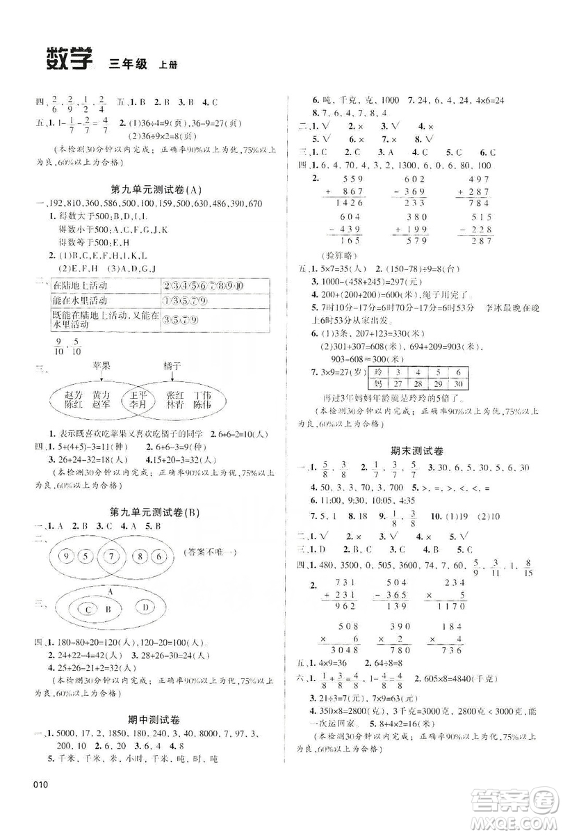 天津教育出版社2019學(xué)習(xí)質(zhì)量監(jiān)測(cè)三年級(jí)數(shù)學(xué)上冊(cè)人教版答案