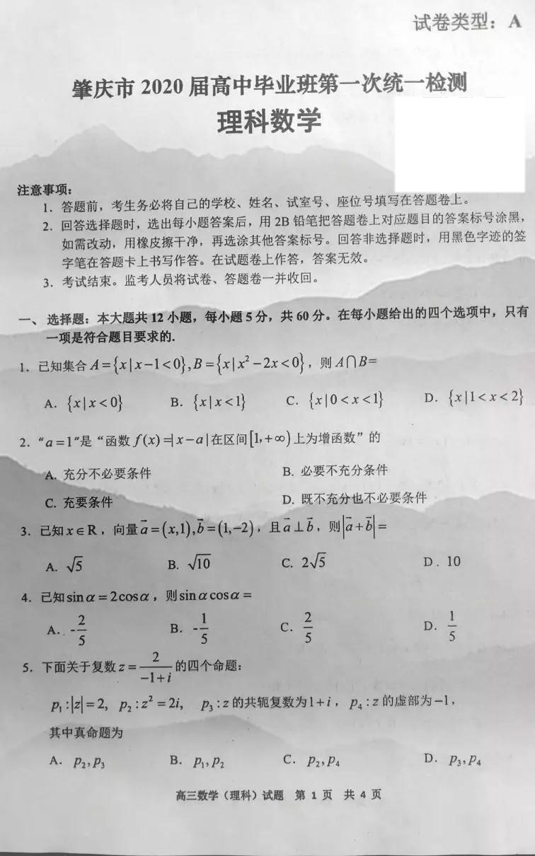 肇慶市2020屆高中畢業(yè)班第一次統(tǒng)一檢測理科數(shù)學(xué)試題及參考答案