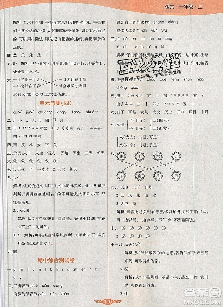 2019年人教版世紀(jì)百通百通作業(yè)本一年級(jí)語(yǔ)文上冊(cè)答案