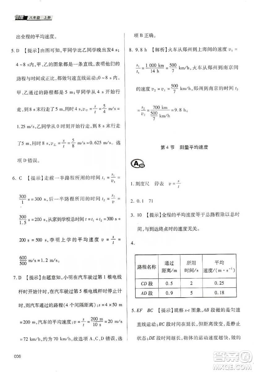 天津教育出版社2019學習質量監(jiān)測八年級物理上冊人教版答案