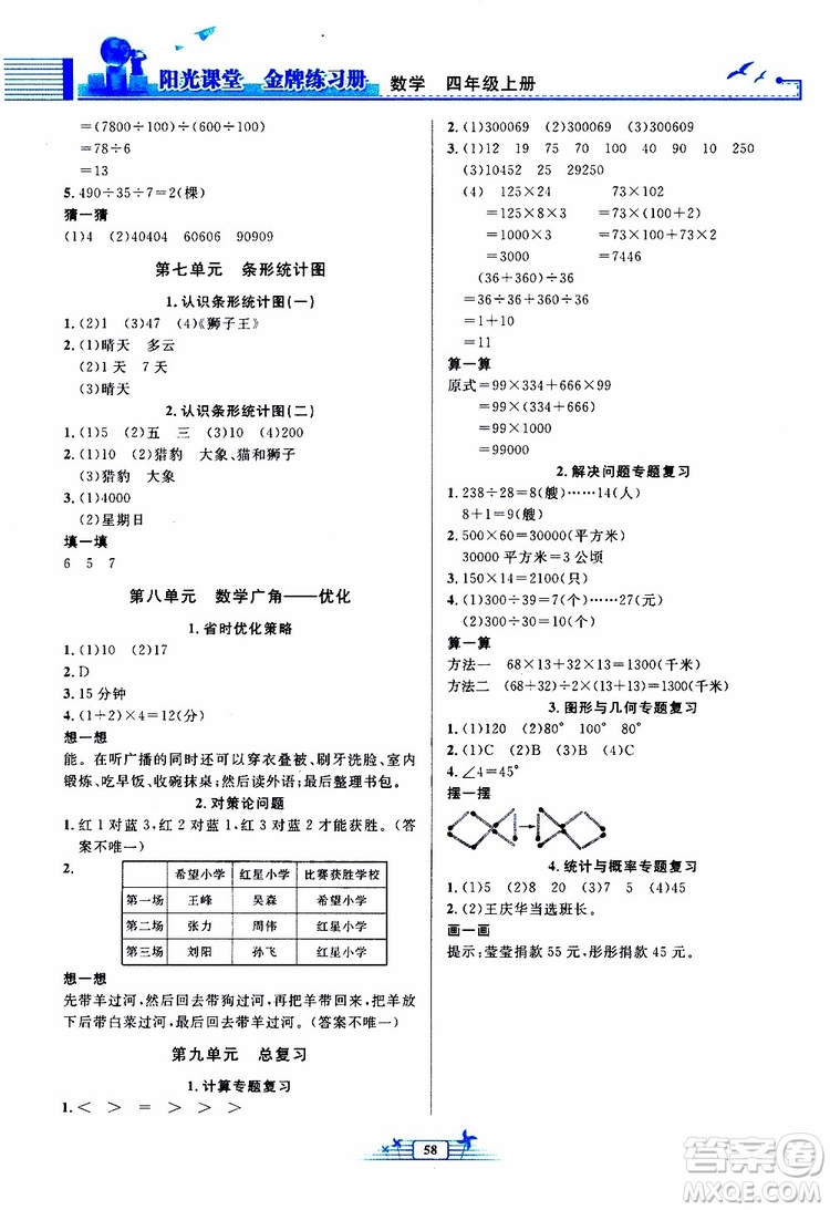 人民教育出版社2019年陽光課堂金牌練習(xí)冊(cè)數(shù)學(xué)四年級(jí)上冊(cè)人教版參考答案