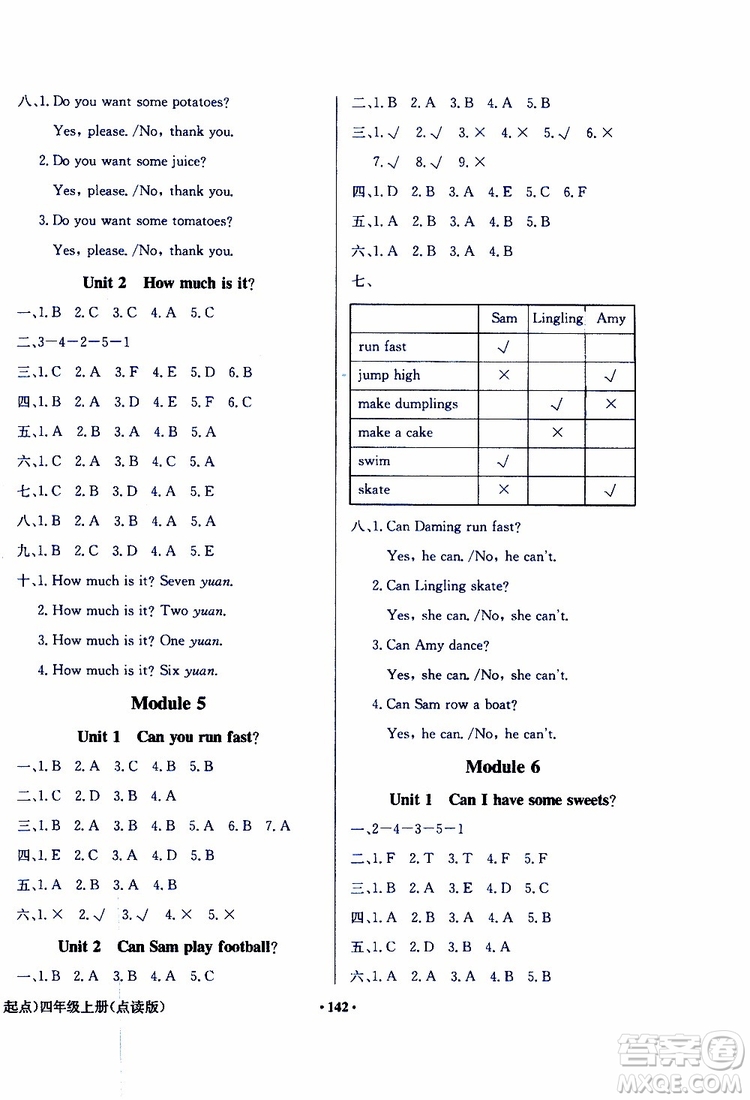 外語教學(xué)與研究出版社2019年陽光課堂點(diǎn)讀版英語四年級(jí)上冊(cè)外研版參考答案