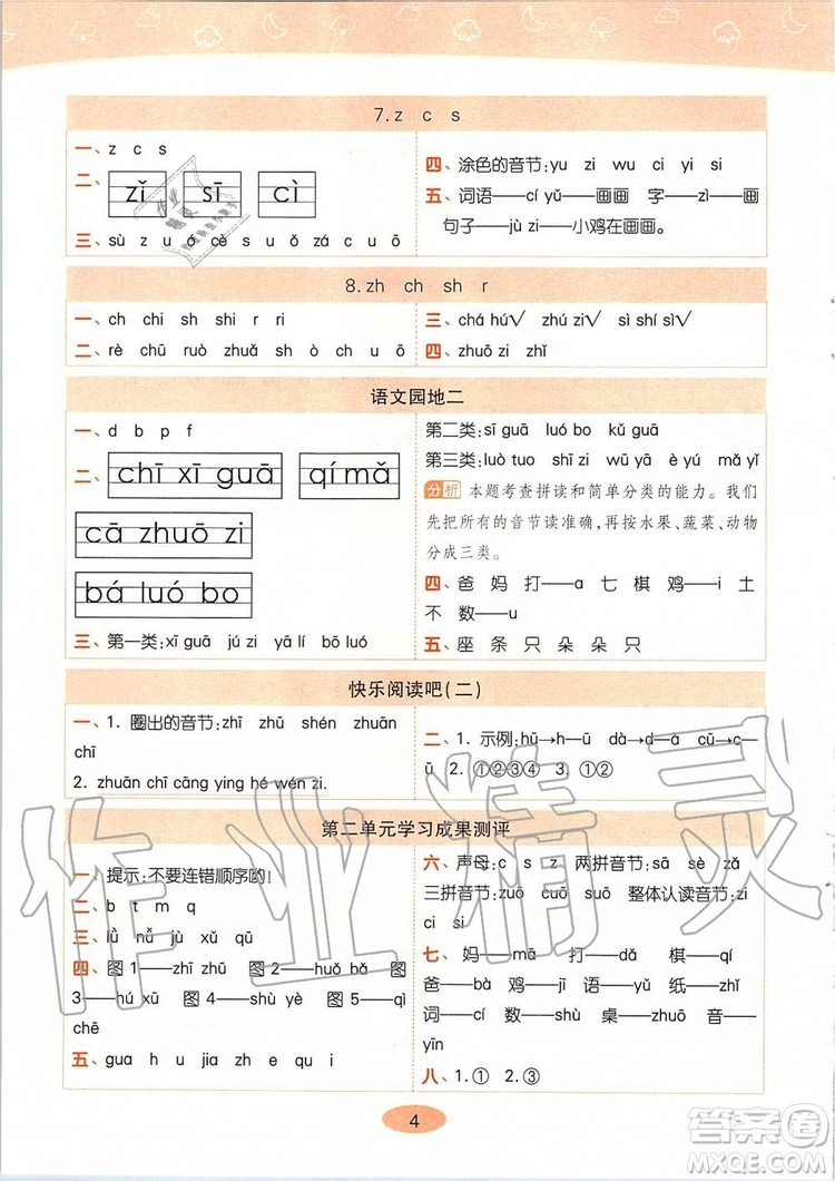 2019年黃岡同步訓(xùn)練語文一年級(jí)上冊(cè)人教版參考答案