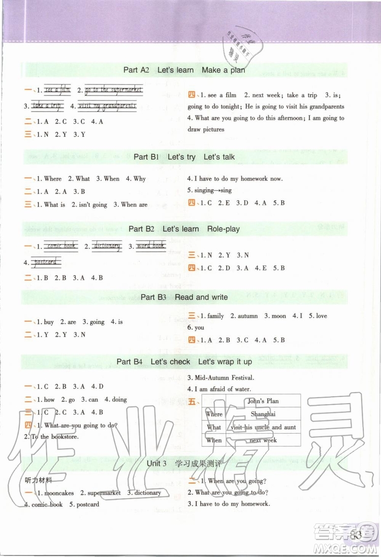 2019年黃岡同步訓練英語六年級上冊PEP人教版參考答案