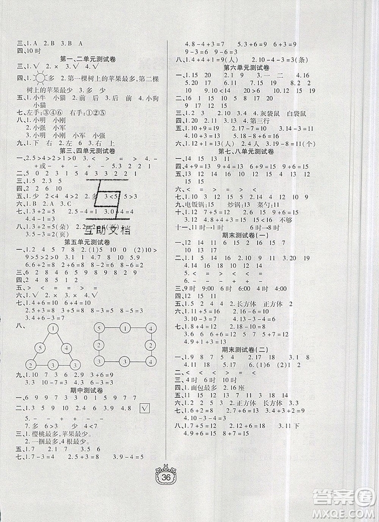 天津人民出版社2019年世紀(jì)百通課時(shí)作業(yè)一年級(jí)數(shù)學(xué)上冊(cè)人教版答案