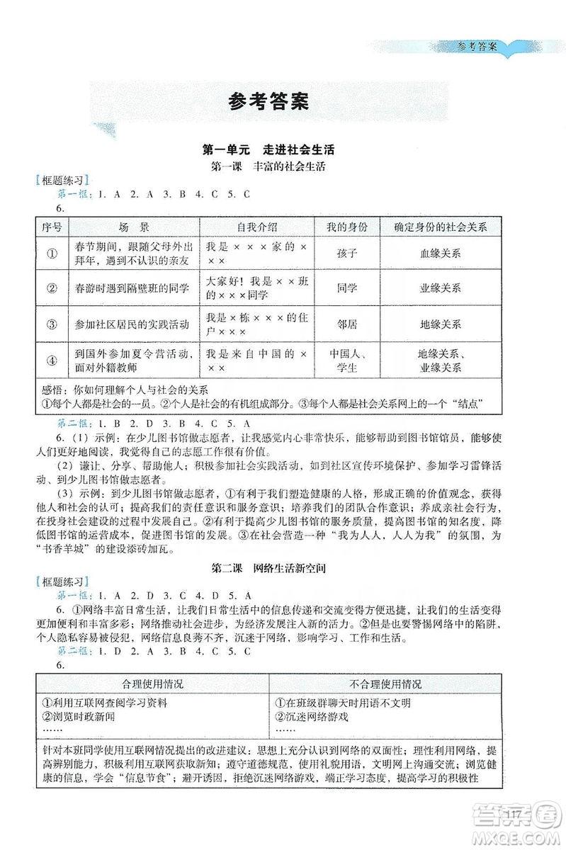 廣州出版社2019陽光學(xué)業(yè)評價道德與法治八年級上冊人教版答案