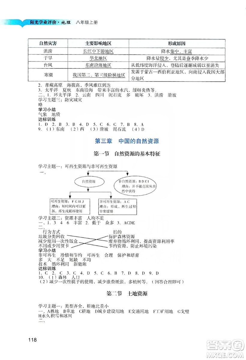 廣州出版社2019陽光學(xué)業(yè)評(píng)價(jià)地理八年級(jí)上冊(cè)人教版答案