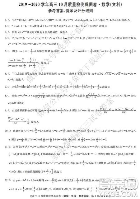 九師聯(lián)盟2019-2020學(xué)年高三10月質(zhì)量檢測(cè)鞏固卷文科數(shù)學(xué)試題及答案