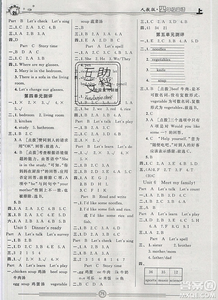 陽光出版社2019年一通百通課時(shí)小練四年級英語上冊人教版答案