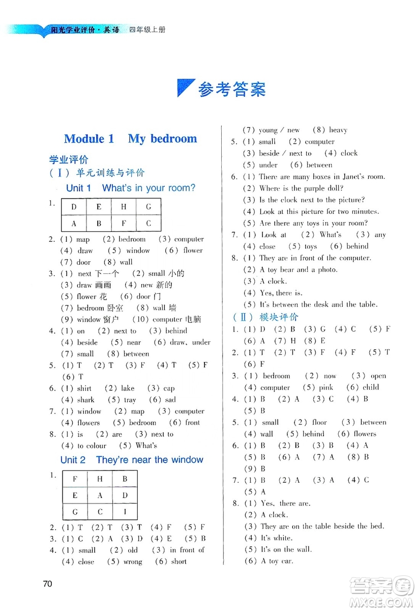 廣州出版社2019陽光學業(yè)評價四年級英語上冊教科版答案