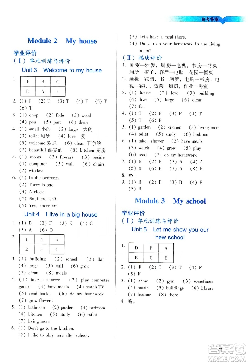 廣州出版社2019陽光學業(yè)評價四年級英語上冊教科版答案