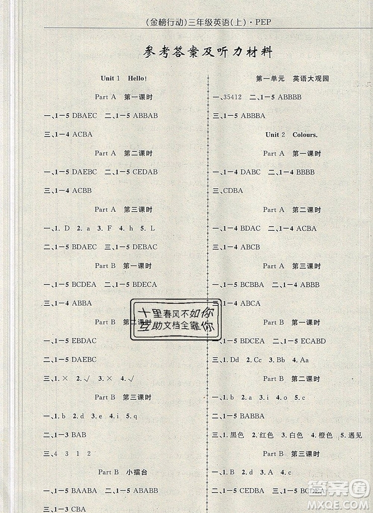 2019年金榜行動(dòng)高效課堂助教型教輔三年級(jí)英語(yǔ)上冊(cè)人教版參考答案