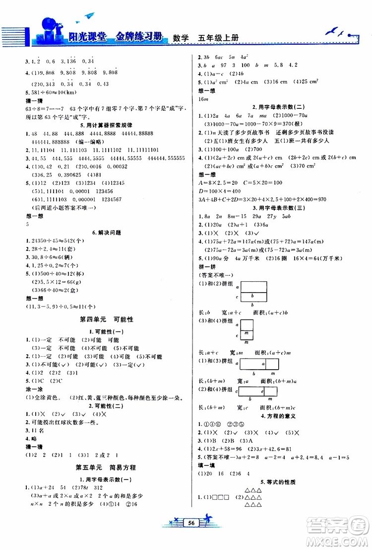 人民教育出版社2019年陽光課堂金牌練習(xí)冊數(shù)學(xué)五年級上冊人教版參考答案