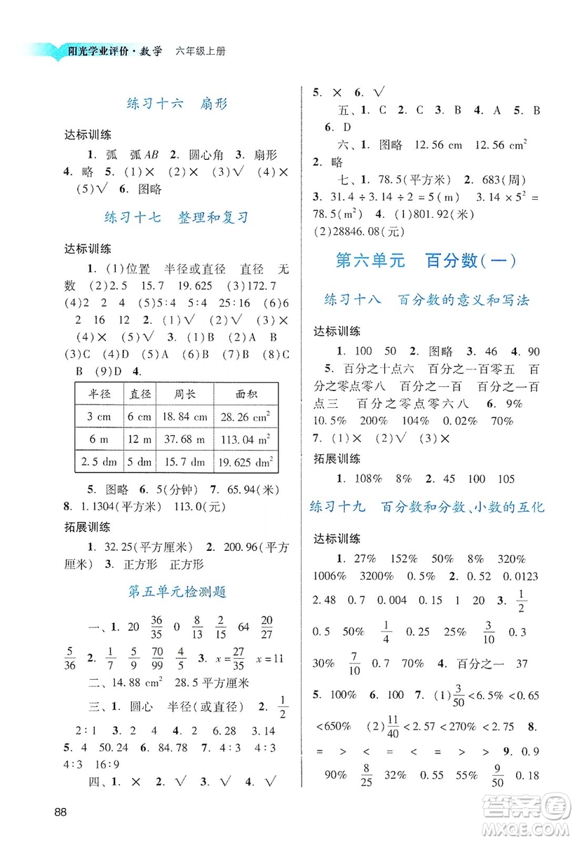 廣州出版社2019陽光學業(yè)評價六年級數(shù)學上冊人教版答案