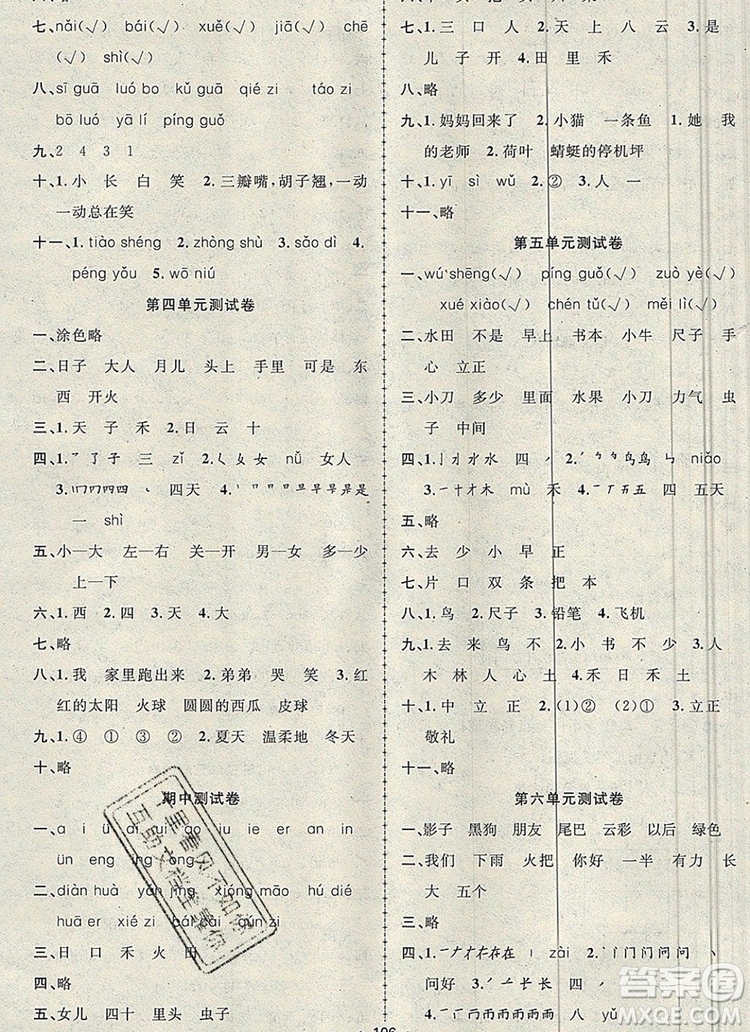 2019年金榜行動高效課堂助教型教輔一年級語文上冊人教版參考答案