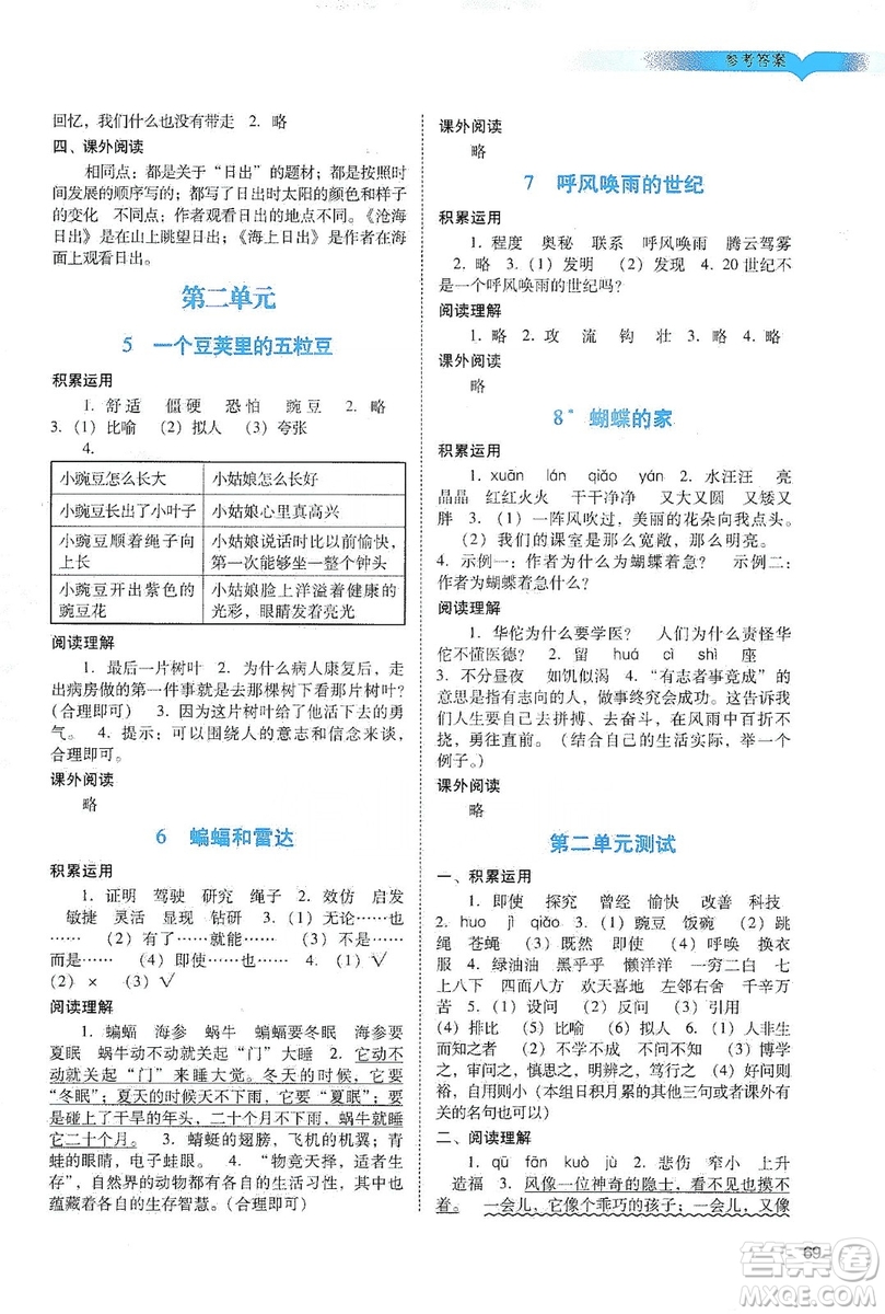 廣州出版社2019陽光學業(yè)評價四年級語文上冊人教版答案