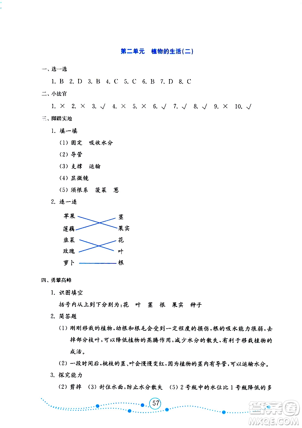 山東教育出版社2019年金版小學(xué)科學(xué)試卷金鑰匙三年級上冊參考答案