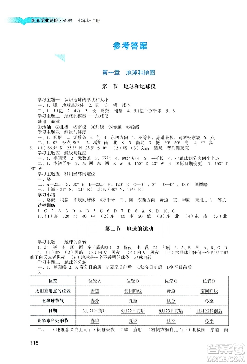 廣州出版社2019陽光學業(yè)評價七年級地理上冊人教版答案