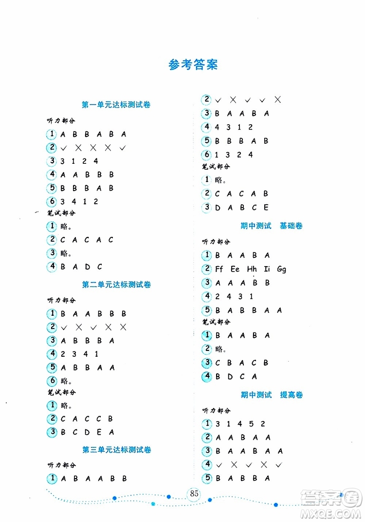 2019年金版小學(xué)英語(yǔ)試卷金鑰匙三年級(jí)上冊(cè)PEP人教版參考答案