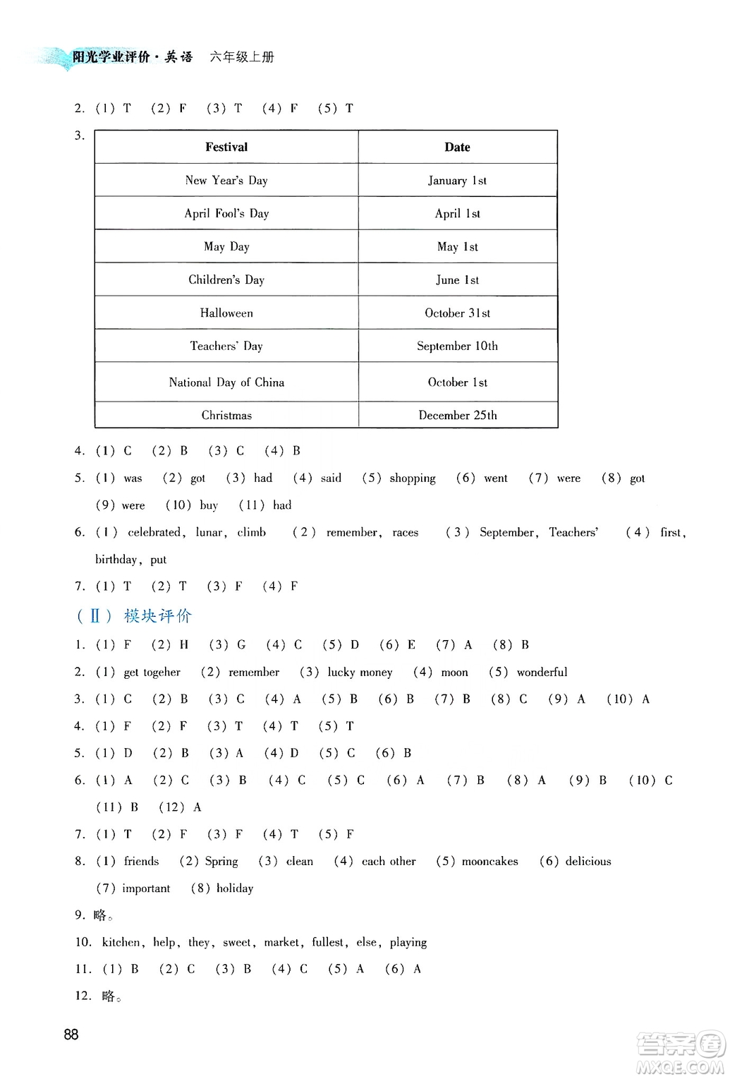 廣州出版社2019陽光學(xué)業(yè)評(píng)價(jià)六年級(jí)英語上冊(cè)教科版答案