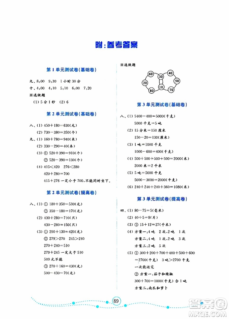 2019年金版小學(xué)數(shù)學(xué)試卷金鑰匙三年級上冊人教版參考答案