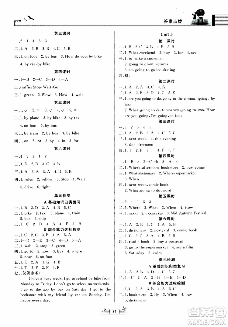 人民教育出版社2019年陽光課堂金牌練習(xí)冊英語六年級上冊人教版參考答案