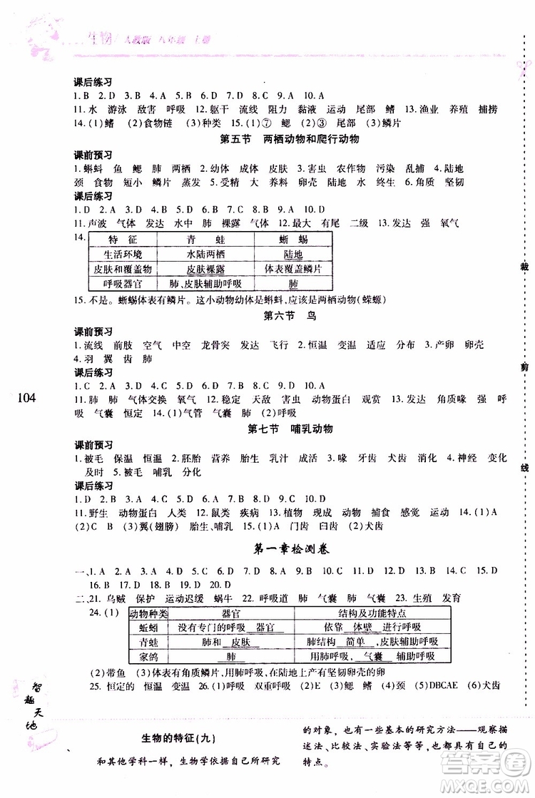 2019年新課程新練習(xí)生物八年級(jí)上冊(cè)人教版參考答案