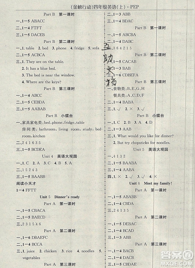 2019年金榜行動(dòng)高效課堂助教型教輔四年級(jí)英語(yǔ)上冊(cè)人教版參考答案