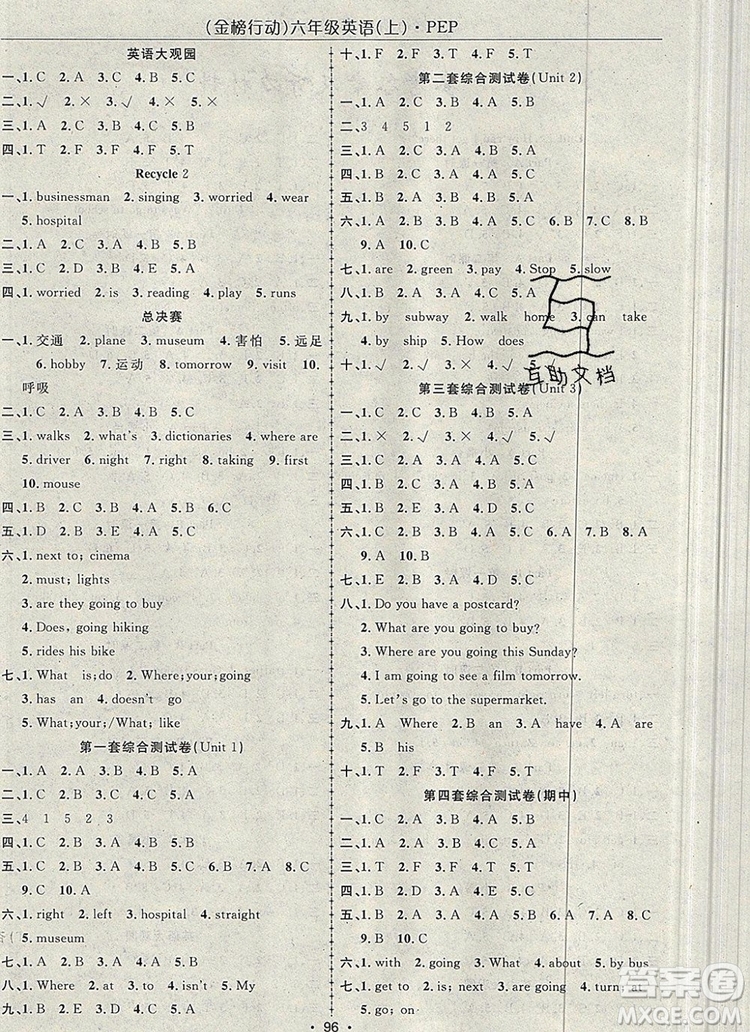 2019年金榜行動(dòng)高效課堂助教型教輔六年級(jí)英語上冊(cè)人教版參考答案