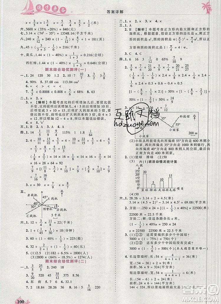 2019年秋新版王朝霞德才兼?zhèn)渥鳂I(yè)創(chuàng)新設(shè)計六年級數(shù)學(xué)上冊人教版答案