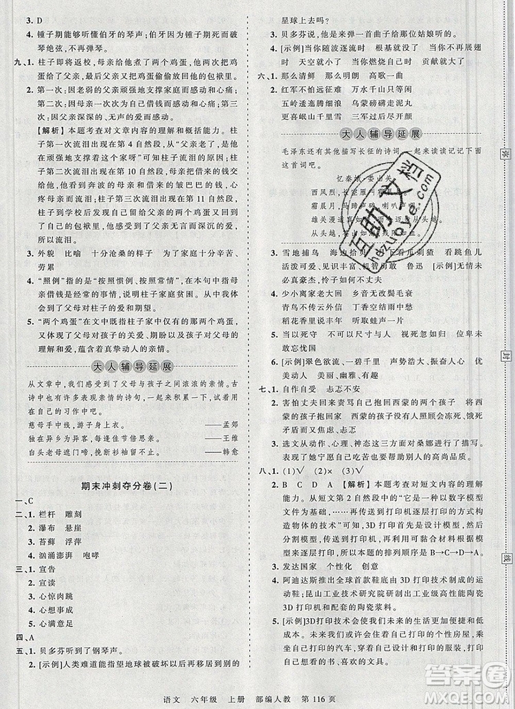 江西人民出版社2019年王朝霞考點梳理時習卷六年級語文上冊人教版答案