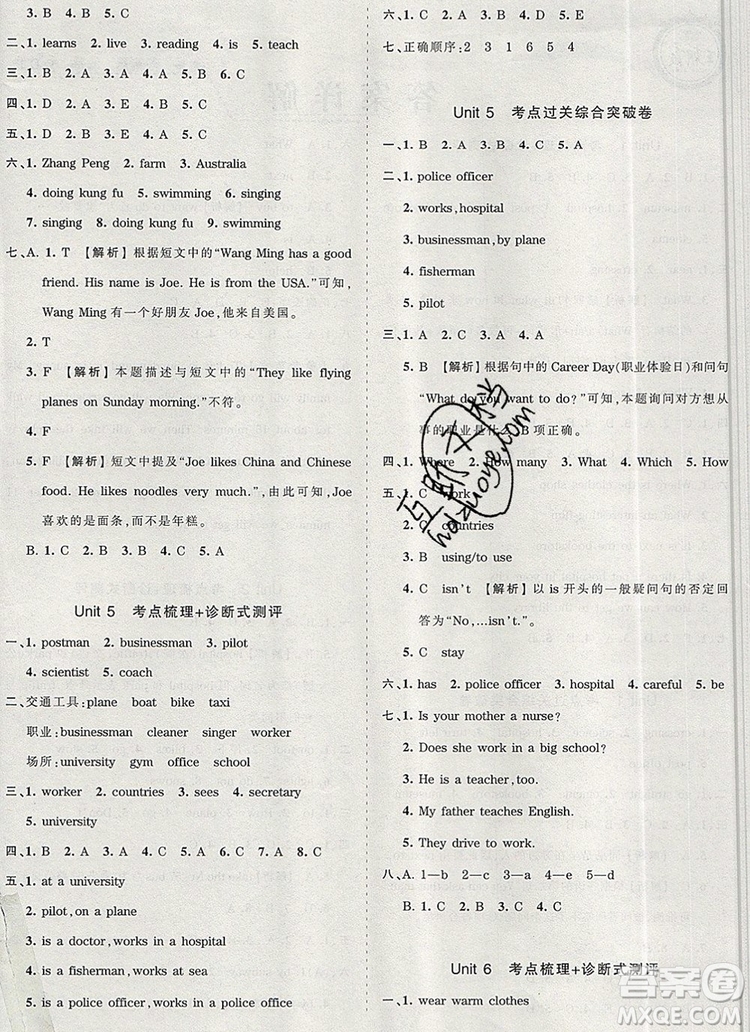 江西人民出版社2019年王朝霞考點梳理時習卷六年級英語上冊人教版答案