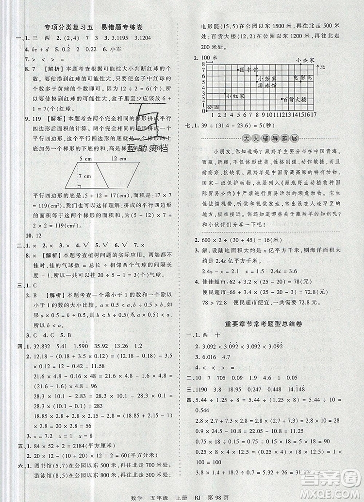 江西人民出版社2019年王朝霞考點梳理時習(xí)卷五年級數(shù)學(xué)上冊人教版答案