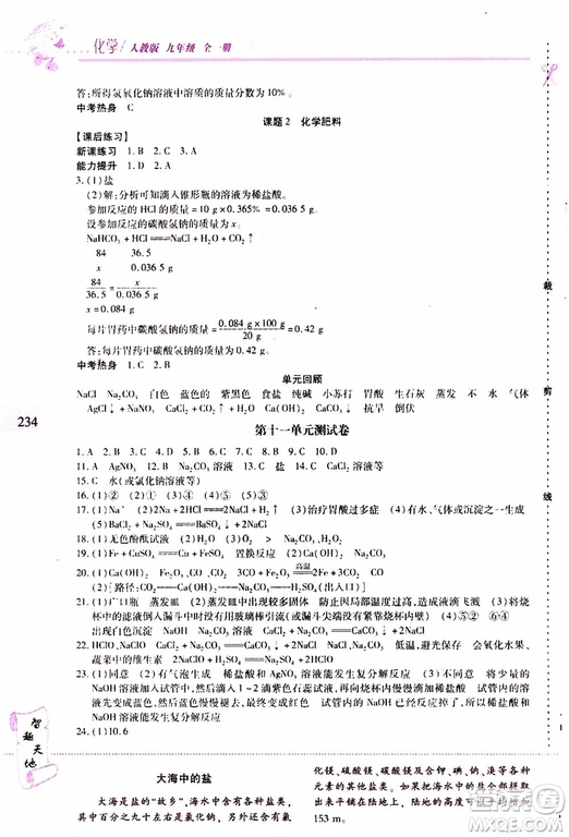 2019年新課程新練習(xí)化學(xué)九年級(jí)全一冊(cè)人教版參考答案