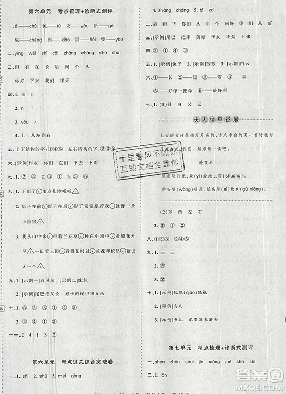 江西人民出版社2019年王朝霞考點梳理時習卷一年級語文上冊人教版答案