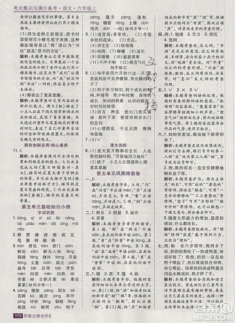 2019年考點集訓與滿分備考六年級語文上冊人教版答案