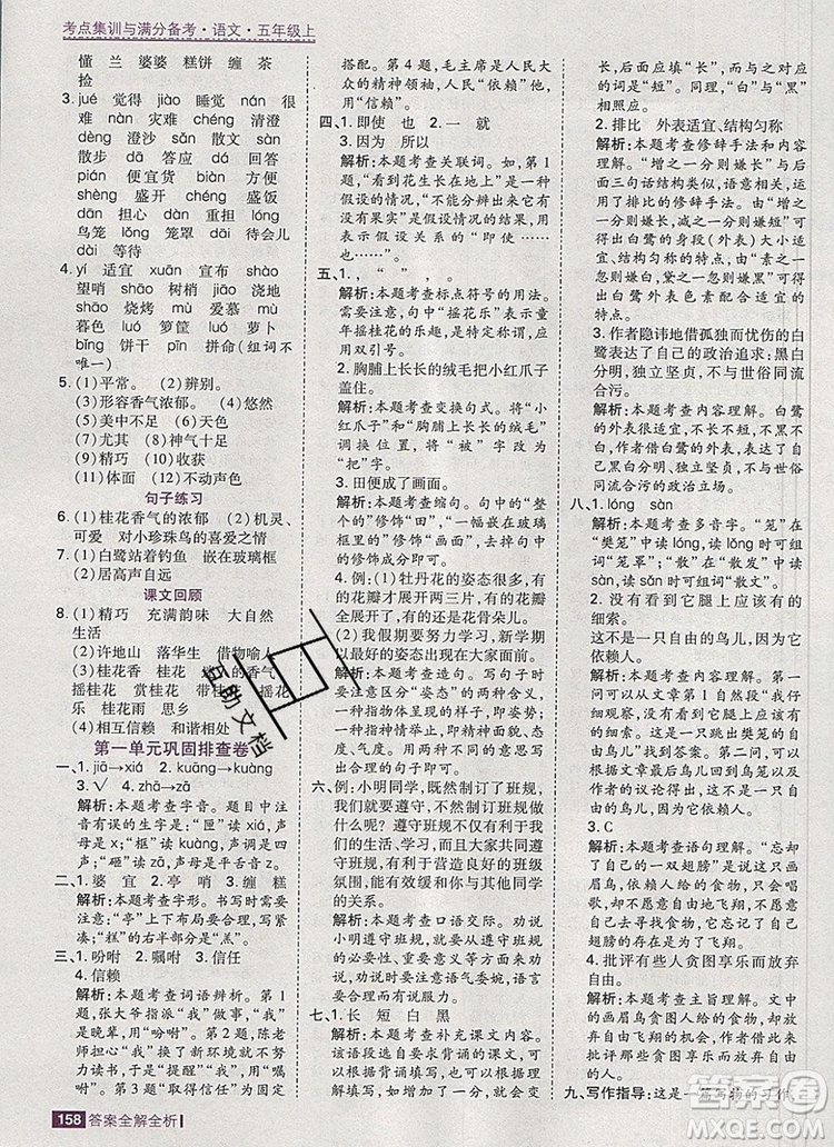 2019年考點(diǎn)集訓(xùn)與滿(mǎn)分備考五年級(jí)語(yǔ)文上冊(cè)人教版答案