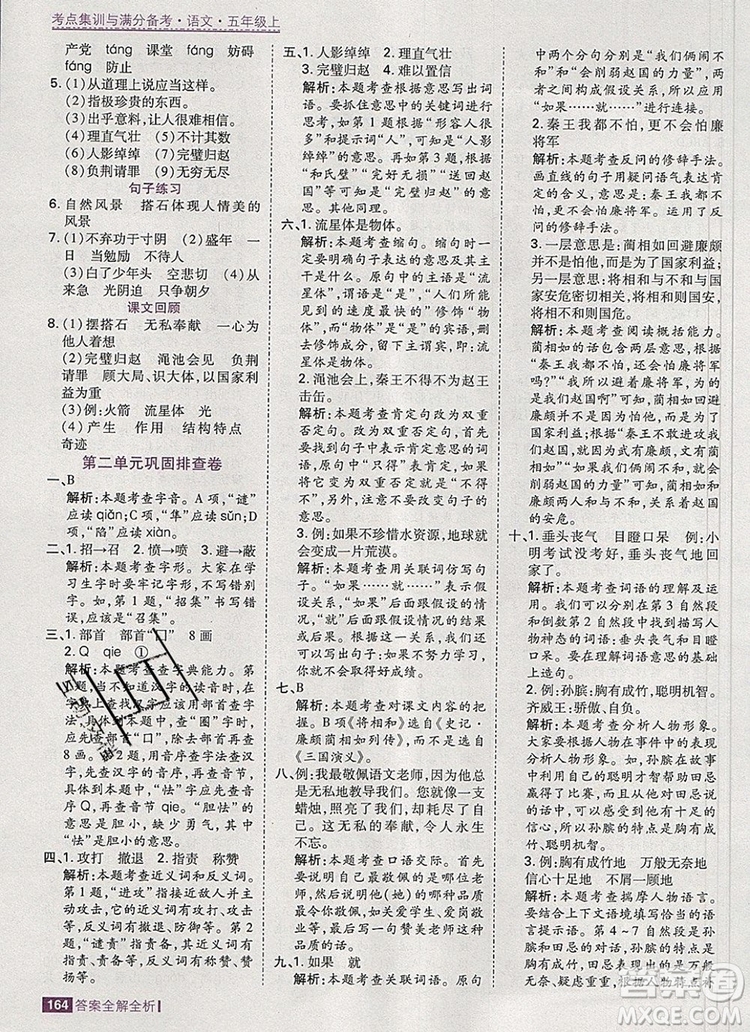 2019年考點(diǎn)集訓(xùn)與滿(mǎn)分備考五年級(jí)語(yǔ)文上冊(cè)人教版答案