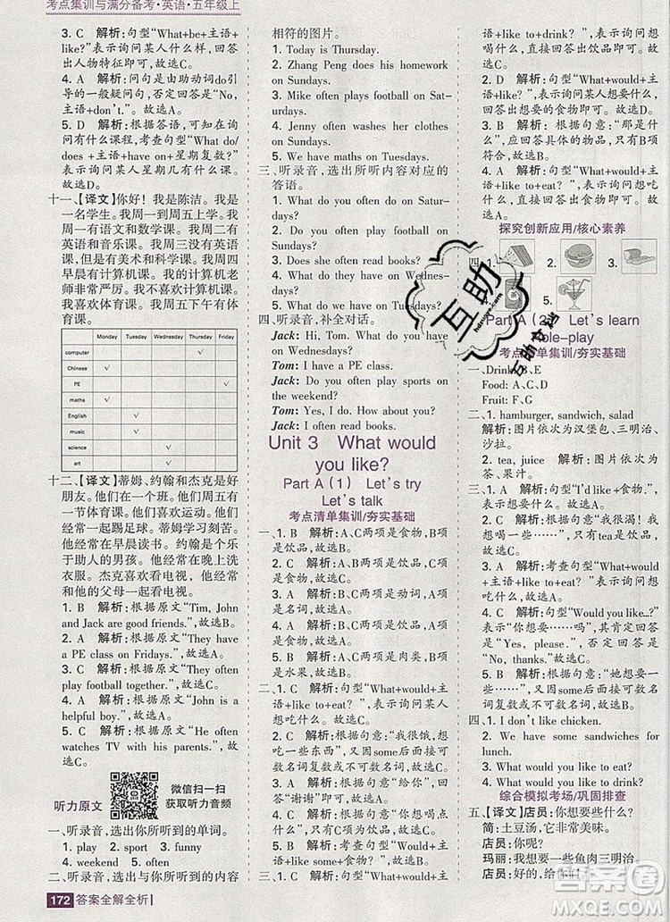 2019年考點集訓與滿分備考五年級英語上冊人教版答案