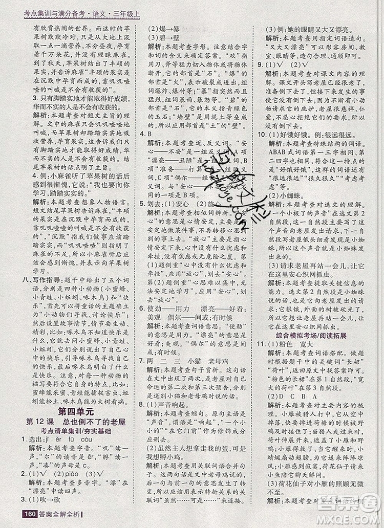 2019年考點(diǎn)集訓(xùn)與滿(mǎn)分備考三年級(jí)語(yǔ)文上冊(cè)人教版答案