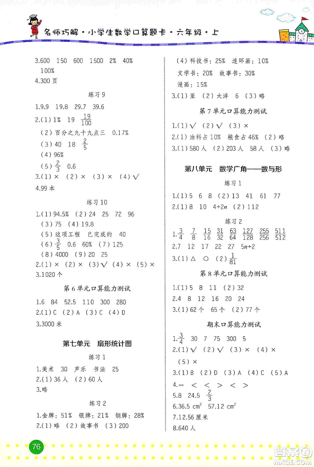 2019名師巧解小學(xué)生數(shù)學(xué)同步口算題卡應(yīng)用題六年級(jí)上冊(cè)人教版答案