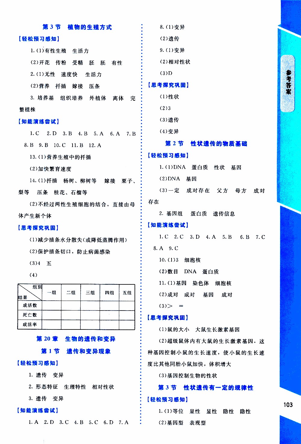 2019年課內課外直通車生物八年級上冊北師大版參考答案