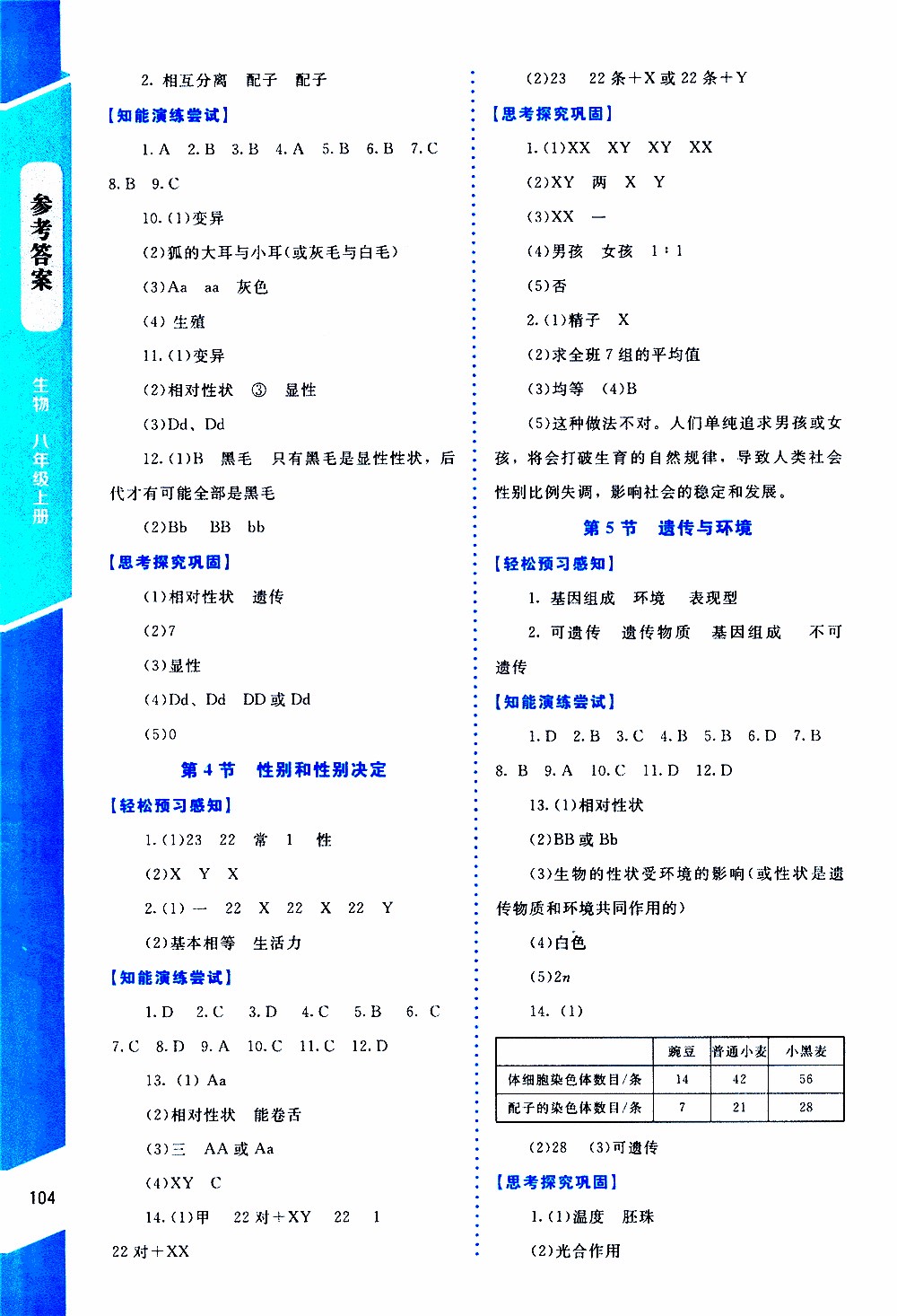 2019年課內課外直通車生物八年級上冊北師大版參考答案