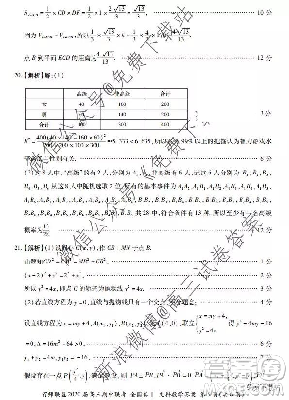 2020屆百師聯(lián)盟高三期中聯(lián)考全國卷I文科數(shù)學答案