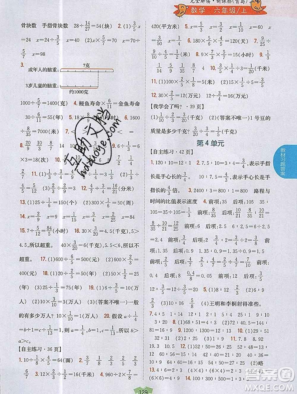 吉林人民出版社2019年小學(xué)教材全解讀六年級數(shù)學(xué)上冊青島版答案