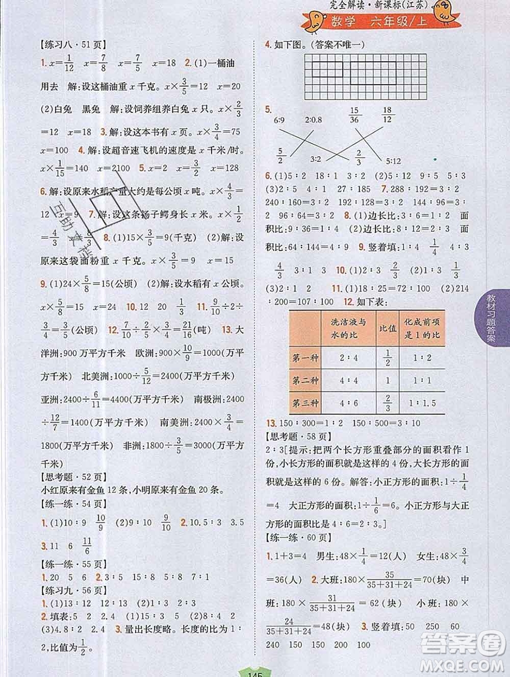 吉林人民出版社2019年小學(xué)教材全解讀六年級數(shù)學(xué)上冊江蘇版答案