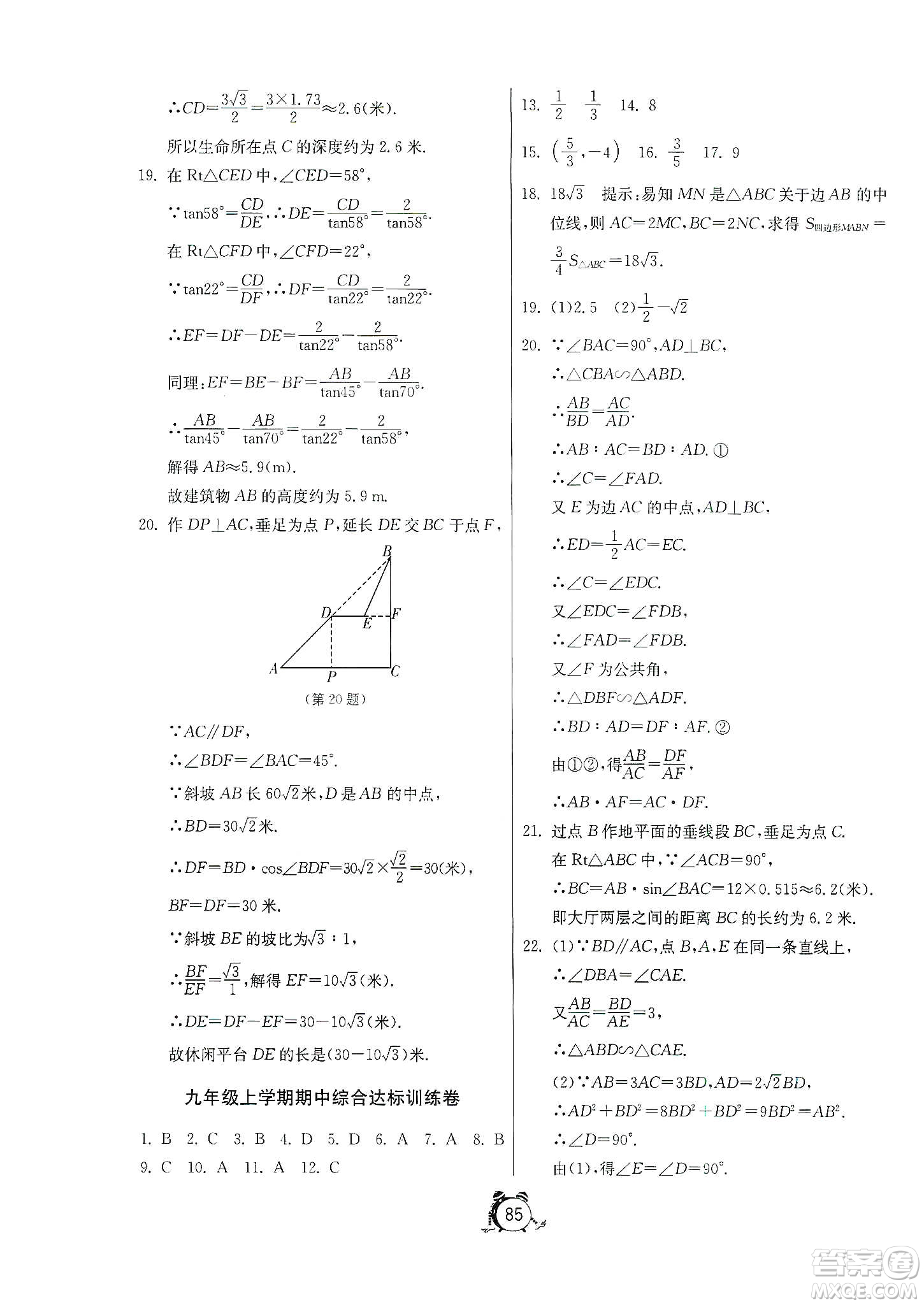 山東人民出版社2019初中單元測(cè)試卷數(shù)學(xué)九年級(jí)上冊(cè)青島版答案