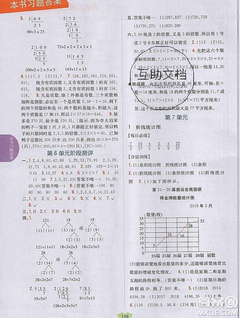 吉林人民出版社2019年小學(xué)教材全解讀五年級數(shù)學(xué)上冊青島版答案