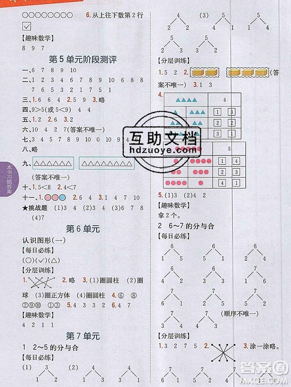 吉林人民出版社2019年小學(xué)教材全解讀一年級(jí)數(shù)學(xué)上冊(cè)江蘇版答案